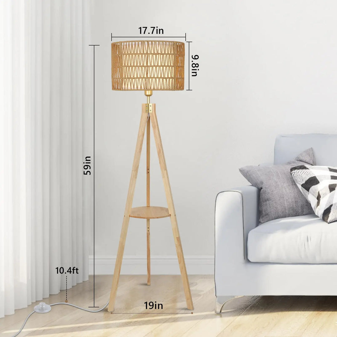LAMSU Oak Wood Tripod Floor Lamps for Living Room, Boho Floor Lamp with Shelves, Mid Century Rattan Standing Lamp with Fabric Shade, ON/Off Switch, Farmhouse Tall Floor Lamps for Bedroom Office