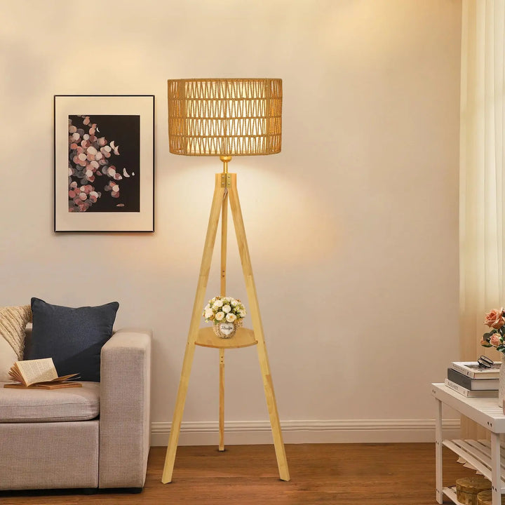 LAMSU Oak Wood Tripod Floor Lamps for Living Room, Boho Floor Lamp with Shelves, Mid Century Rattan Standing Lamp with Fabric Shade, ON/Off Switch, Farmhouse Tall Floor Lamps for Bedroom Office