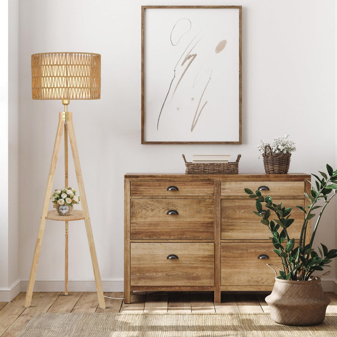 LAMSU Oak Wood Tripod Floor Lamps for Living Room, Boho Floor Lamp with Shelves, Mid Century Rattan Standing Lamp with Fabric Shade, ON/Off Switch, Farmhouse Tall Floor Lamps for Bedroom Office 