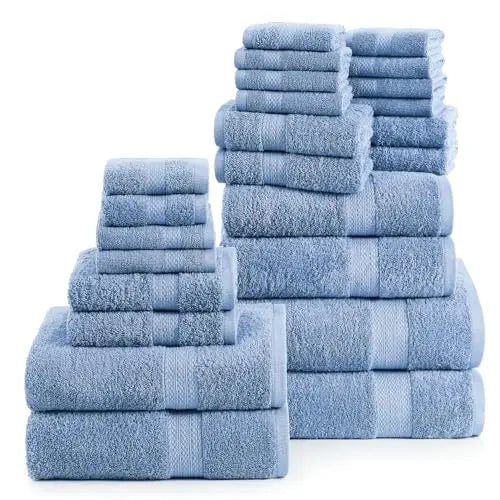 LANE LINEN 24 Piece Bath Towel Set - Premium 100% Cotton Towels, 2 Bath Sheets, 4 Bath Towels, 6 Hand Towels, 8 Wash Cloths for your Face and Body, 4 Fingertip Towels for Bathroom - Cerulean Blue 