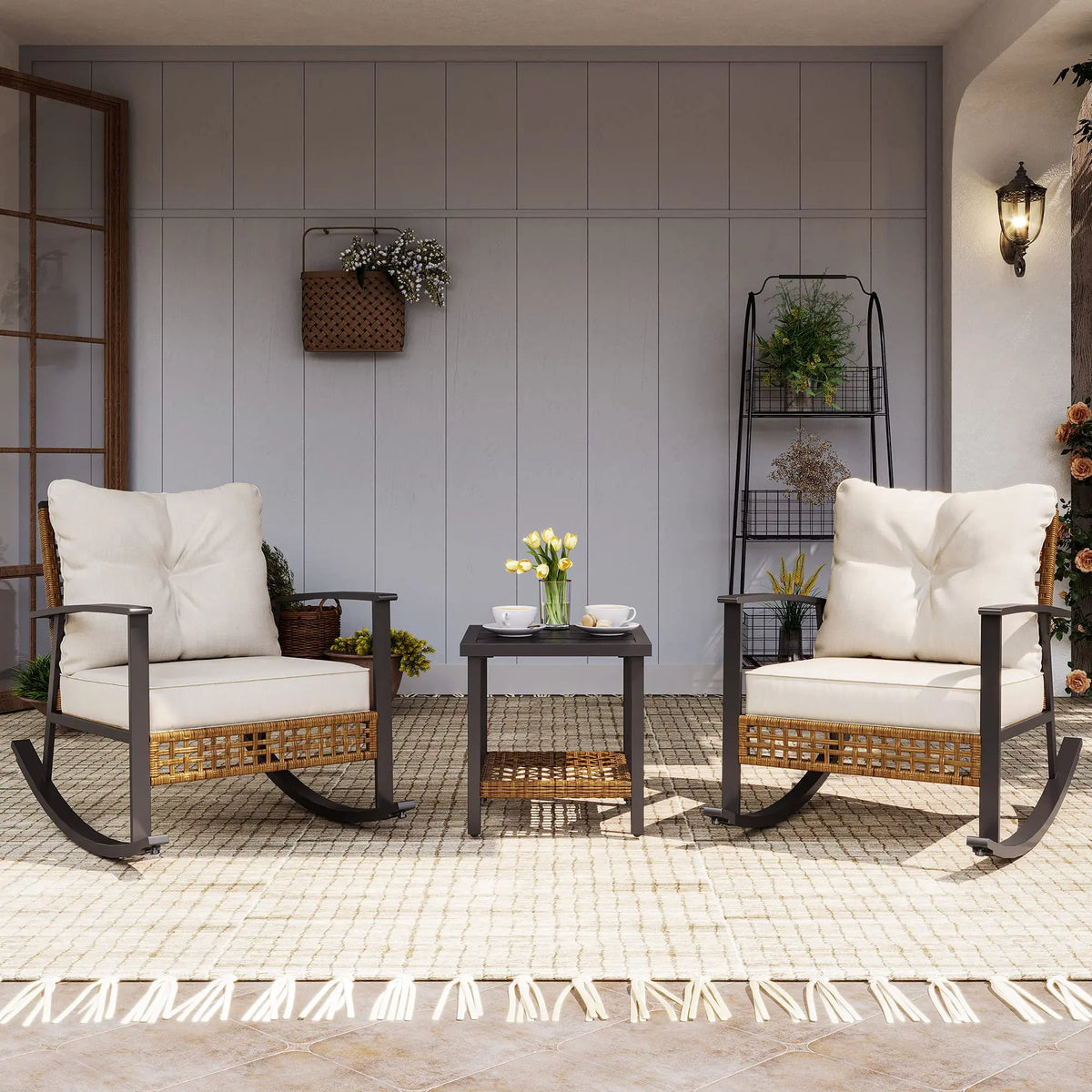 LAUSAINT HOME 3-Piece Rocking Bistro Set, Outdoor Patio Furniture with Thick Cushions and 2-Tier Coffee Table, Oversize Rattan Conversation Set for Garden, Balcony, Backyard (Beige) 