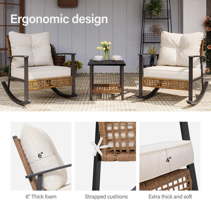 LAUSAINT HOME 3-Piece Rocking Bistro Set, Outdoor Patio Furniture with Thick Cushions and 2-Tier Coffee Table, Oversize Rattan Conversation Set for Garden, Balcony, Backyard (Beige) 