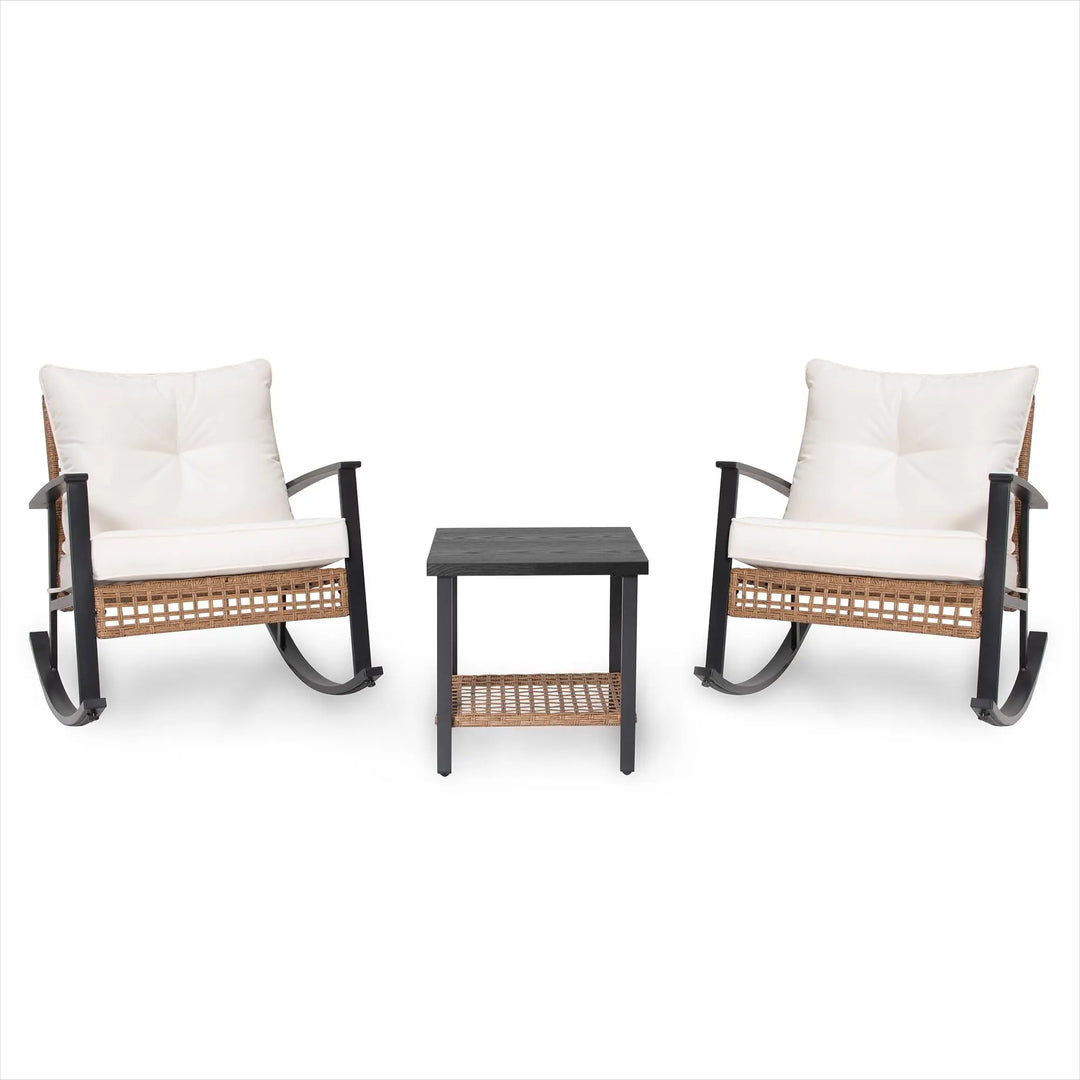 LAUSAINT HOME 3-Piece Rocking Bistro Set, Outdoor Patio Furniture with Thick Cushions and 2-Tier Coffee Table, Oversize Rattan Conversation Set for Garden, Balcony, Backyard (Beige) 