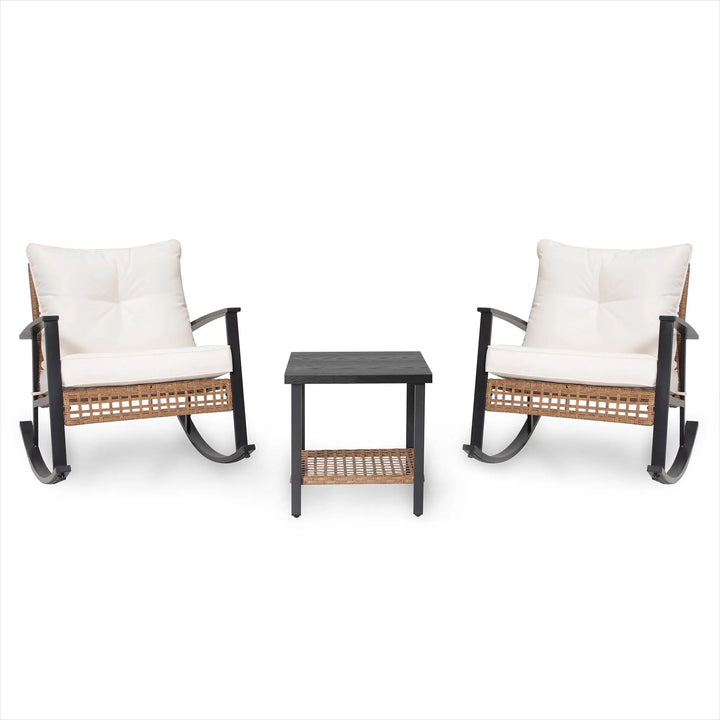 LAUSAINT HOME 3-Piece Rocking Bistro Set, Outdoor Patio Furniture with Thick Cushions and 2-Tier Coffee Table, Oversize Rattan Conversation Set for Garden, Balcony, Backyard (Beige) 