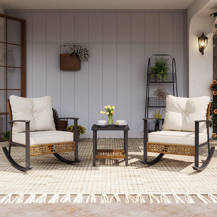 LAUSAINT HOME 3-Piece Rocking Bistro Set, Outdoor Patio Furniture with Thick Cushions and 2-Tier Coffee Table, Oversize Rattan Conversation Set for Garden, Balcony, Backyard (Beige) 