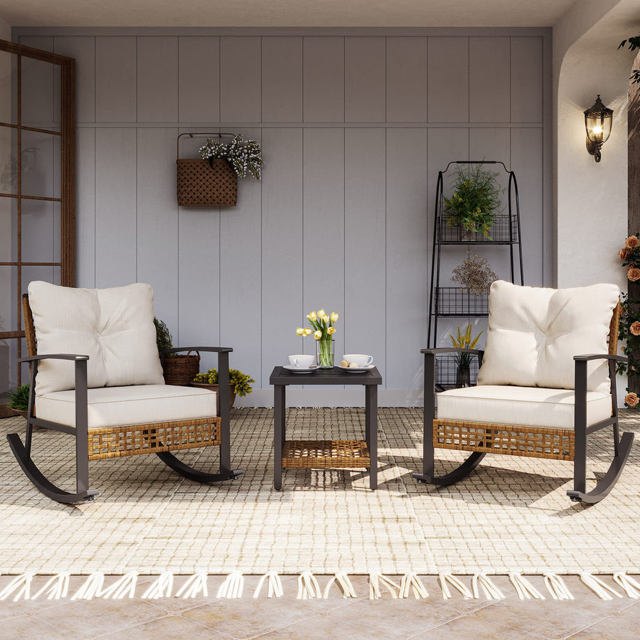 LAUSAINT HOME 3-Piece Rocking Bistro Set, Outdoor Patio Furniture with Thick Cushions and 2-Tier Coffee Table, Oversize Rattan Conversation Set for Garden, Balcony, Backyard (Beige) 