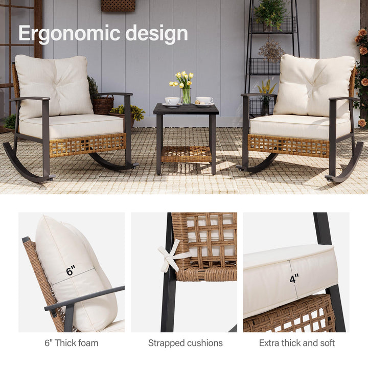 LAUSAINT HOME 3-Piece Rocking Bistro Set, Outdoor Patio Furniture with Thick Cushions and 2-Tier Coffee Table, Oversize Rattan Conversation Set for Garden, Balcony, Backyard (Beige) 