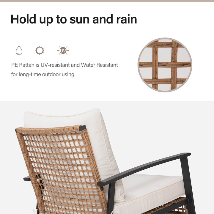 LAUSAINT HOME 3-Piece Rocking Bistro Set, Outdoor Patio Furniture with Thick Cushions and 2-Tier Coffee Table, Oversize Rattan Conversation Set for Garden, Balcony, Backyard (Beige) 
