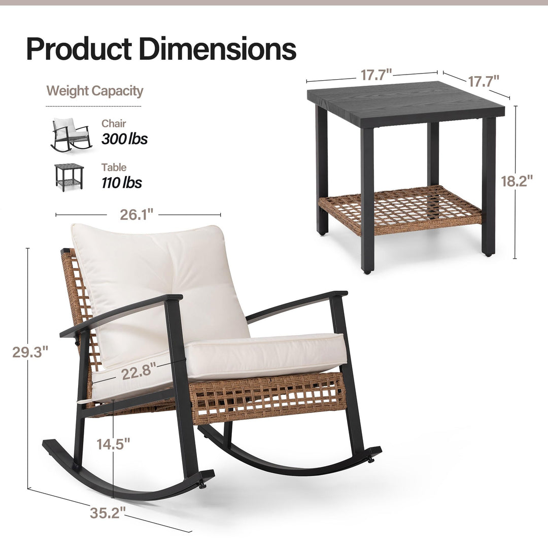 LAUSAINT HOME 3-Piece Rocking Bistro Set, Outdoor Patio Furniture with Thick Cushions and 2-Tier Coffee Table, Oversize Rattan Conversation Set for Garden, Balcony, Backyard (Beige) 