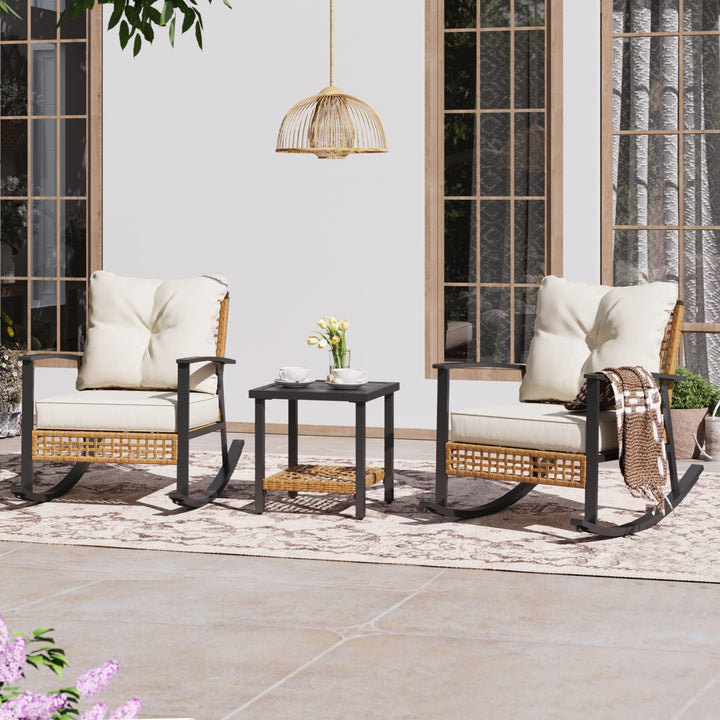 LAUSAINT HOME 3-Piece Rocking Bistro Set, Outdoor Patio Furniture with Thick Cushions and 2-Tier Coffee Table, Oversize Rattan Conversation Set for Garden, Balcony, Backyard (Beige) 
