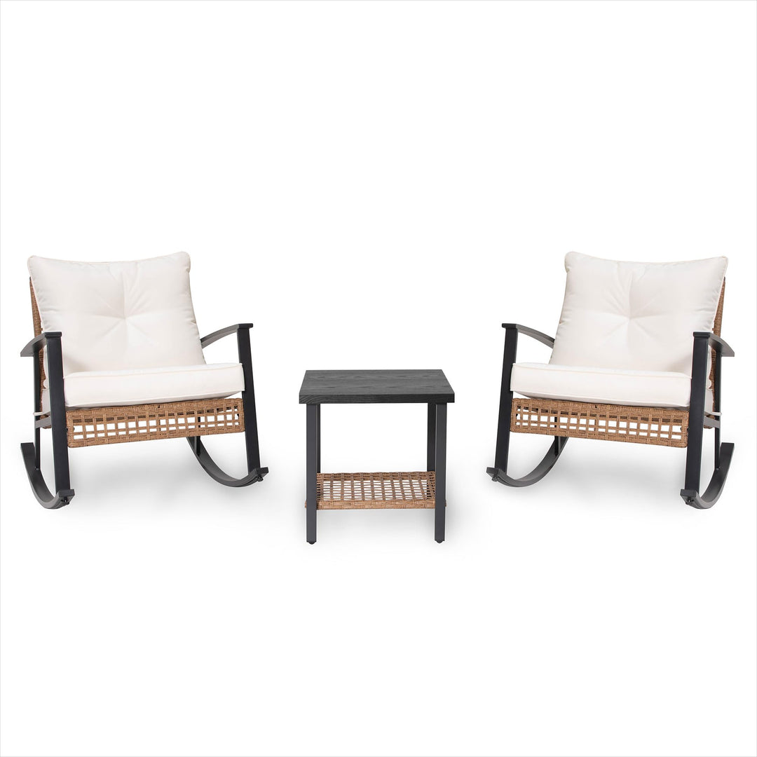 LAUSAINT HOME 3-Piece Rocking Bistro Set, Outdoor Patio Furniture with Thick Cushions and 2-Tier Coffee Table, Oversize Rattan Conversation Set for Garden, Balcony, Backyard (Beige) 