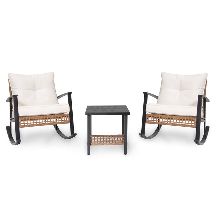 LAUSAINT HOME 3-Piece Rocking Bistro Set, Outdoor Patio Furniture with Thick Cushions and 2-Tier Coffee Table, Oversize Rattan Conversation Set for Garden, Balcony, Backyard (Beige) 
