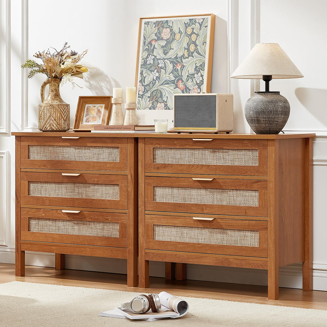 LEYAOYAO 31.5" Wide Rattan Nightstands Set of 2, Large Boho Night Stand 