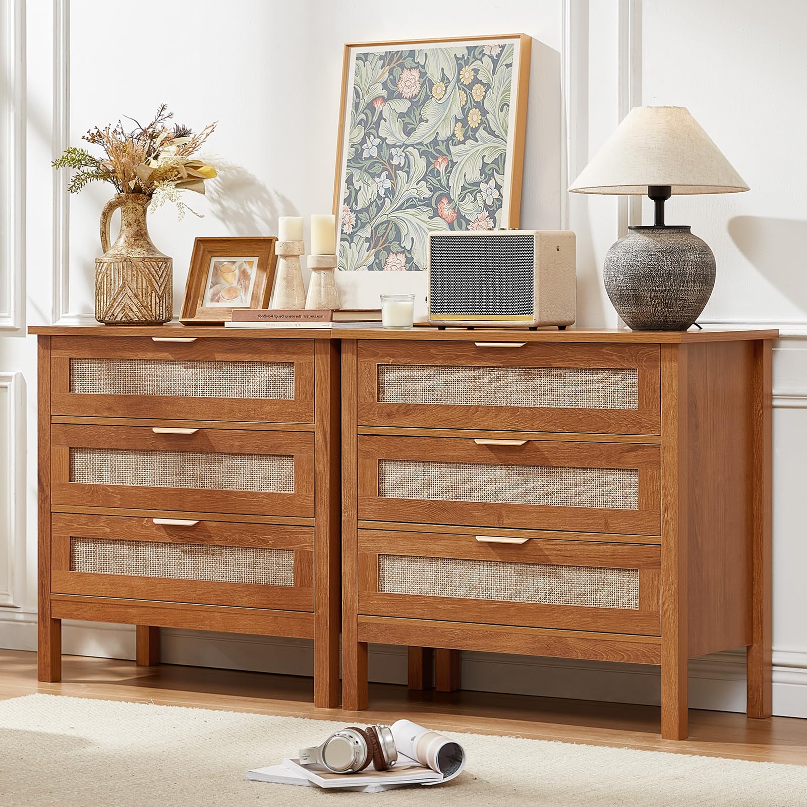 LEYAOYAO 31.5" Wide Rattan Nightstands Set of 2, Large Boho Night Stand 