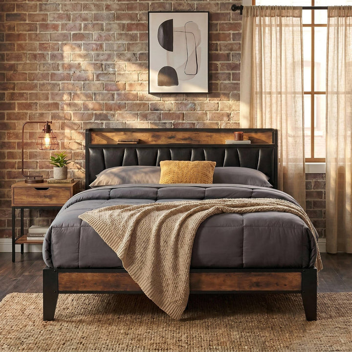 LIKIMIO Full Size Bed Frame with Storage Headboard and Charging Station 