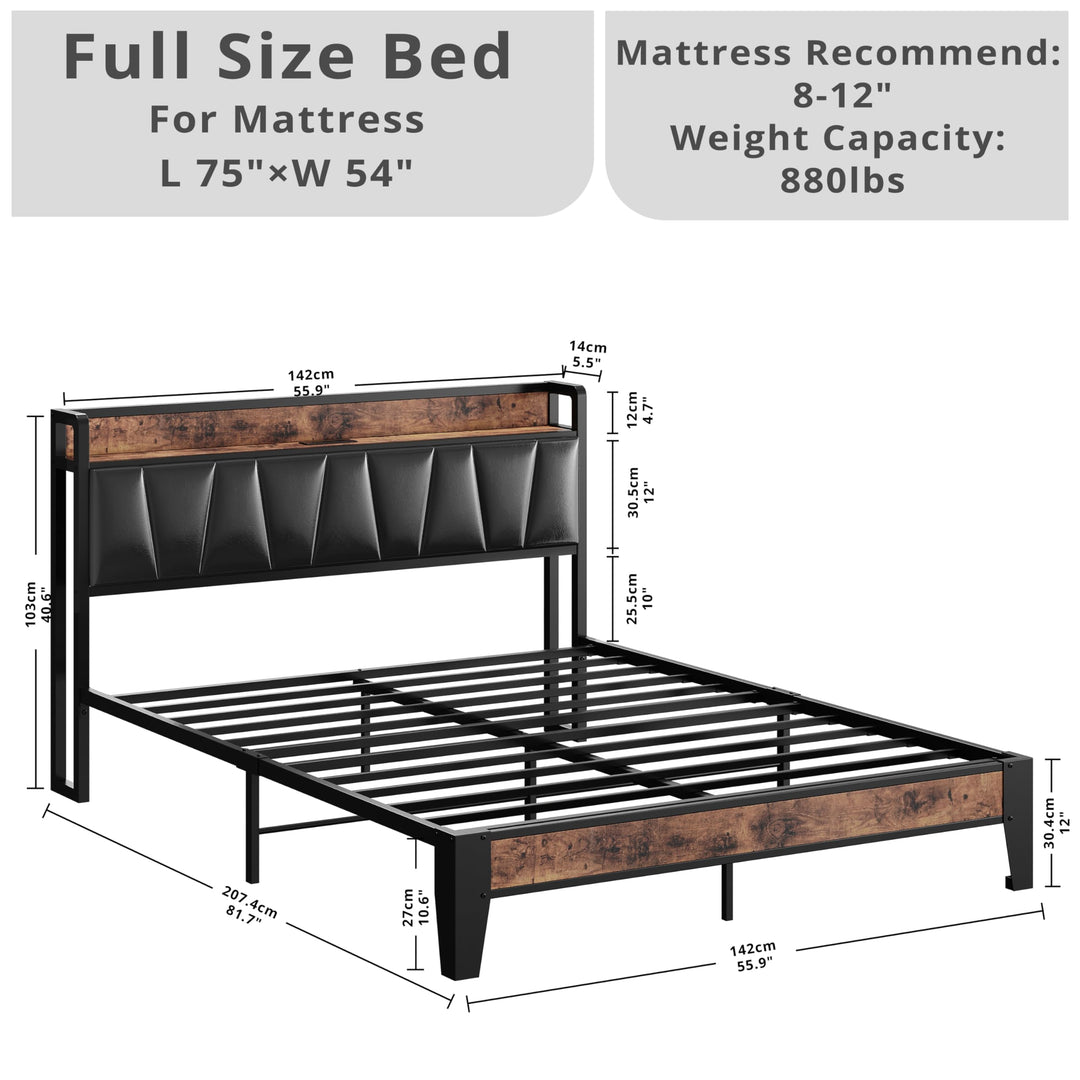 LIKIMIO Full Size Bed Frame with Storage Headboard and Charging Station 