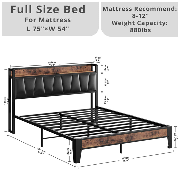 LIKIMIO Full Size Bed Frame with Storage Headboard and Charging Station 