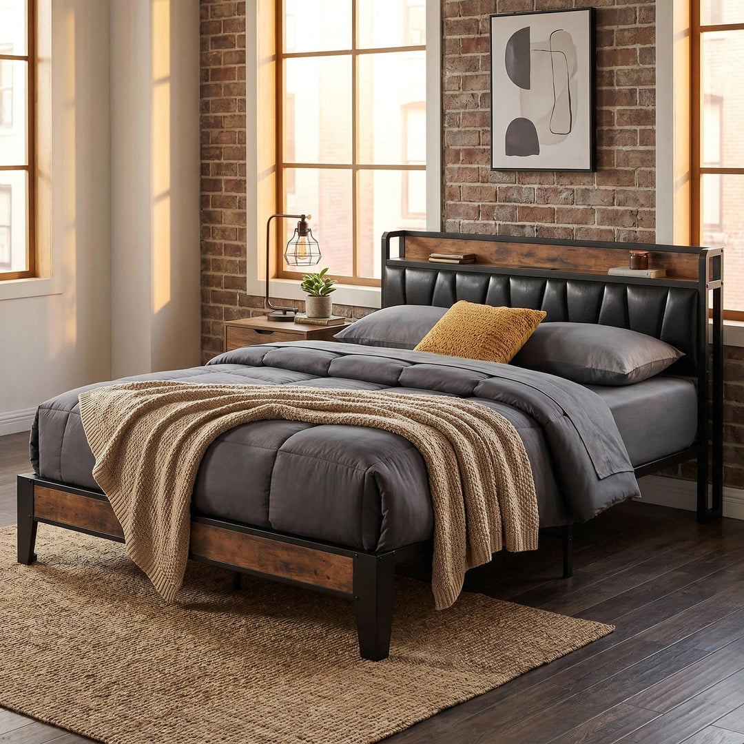LIKIMIO Full Size Bed Frame with Storage Headboard and Charging Station 