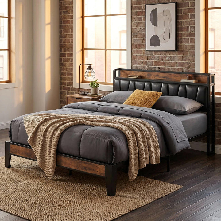 LIKIMIO Full Size Bed Frame with Storage Headboard and Charging Station 