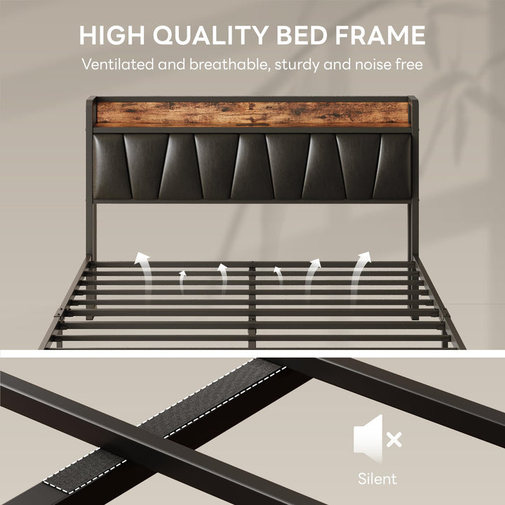 LIKIMIO Full Size Bed Frame with Storage Headboard and Charging Station 