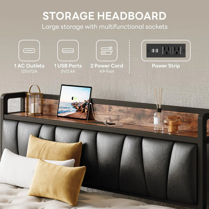 LIKIMIO Full Size Bed Frame with Storage Headboard and Charging Station 