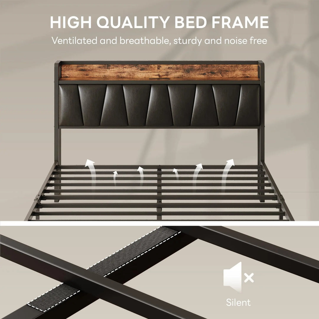 LIKIMIO Full Size Bed Frame with Storage Headboard and Charging Station 
