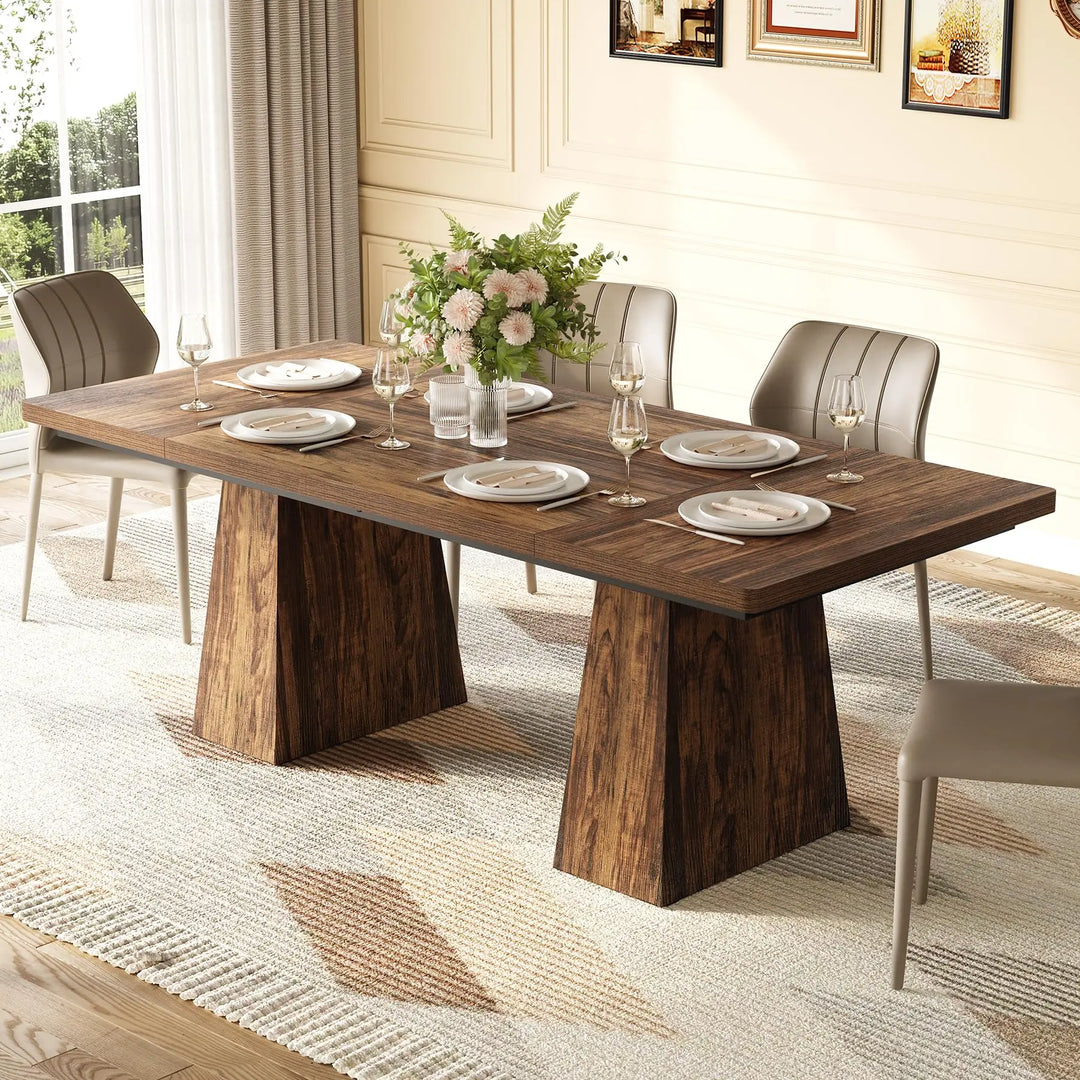 LITTLE TREE Dining Table for 4-6 People, Wooden Table, Rectangle Furniture with Heavy Duty Legs, Modern Kitchen Table for Home, Dining Room, Brown 