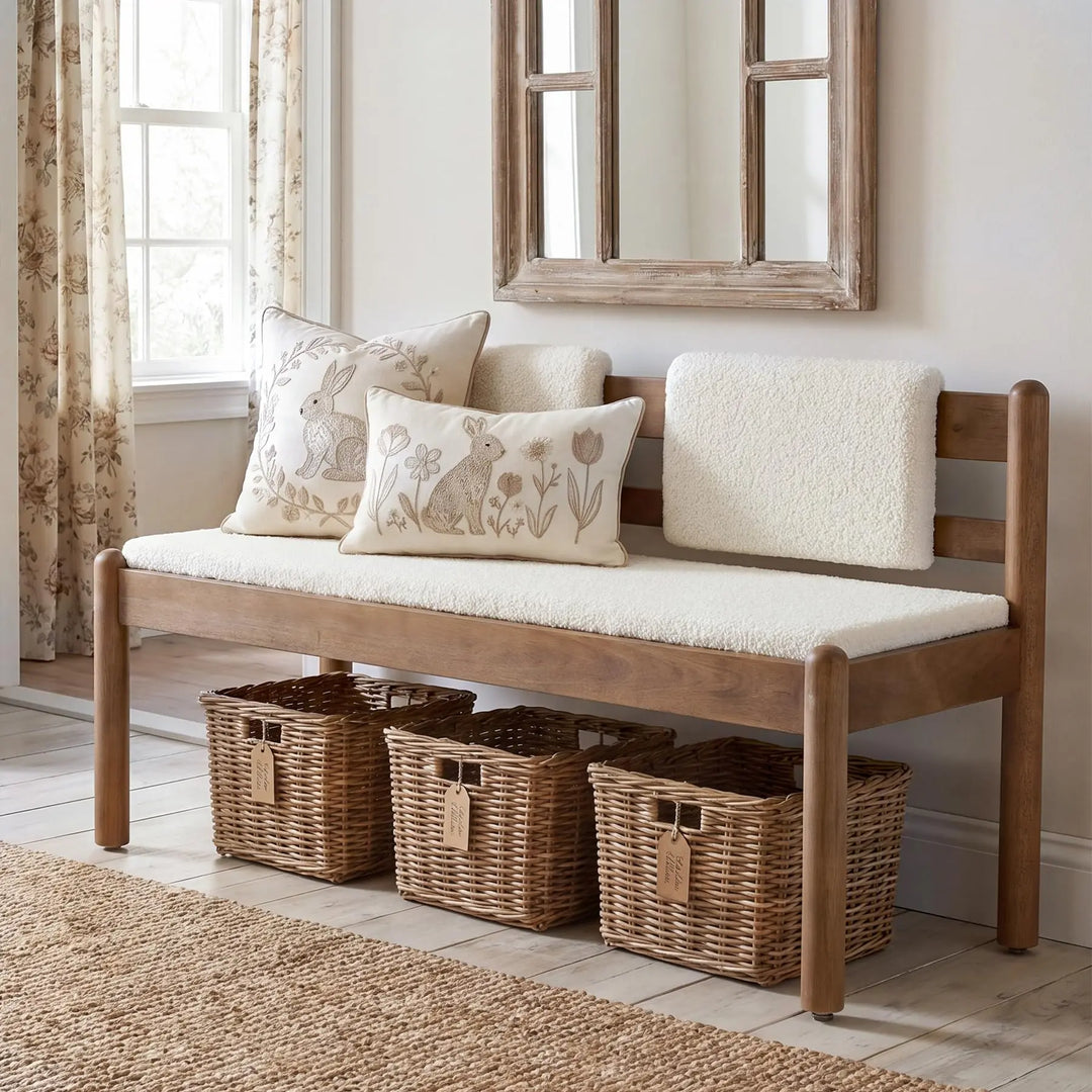LITTLE TREE Solid Wood Entryway Bench, 49 Inch Dining Bench with Back, White + Walnut Brown