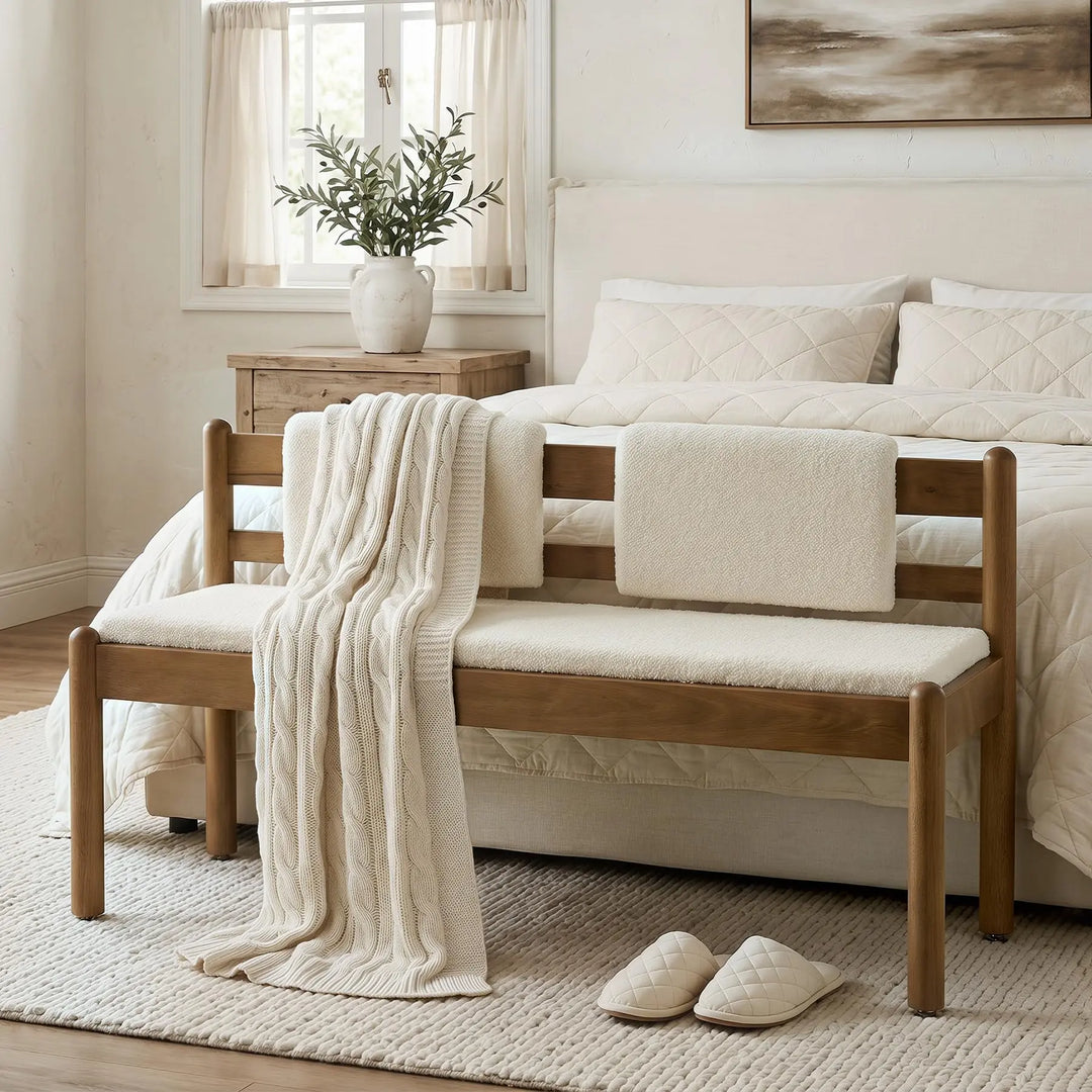 LITTLE TREE Solid Wood Entryway Bench, 49 Inch Dining Bench with Back, White + Walnut Brown