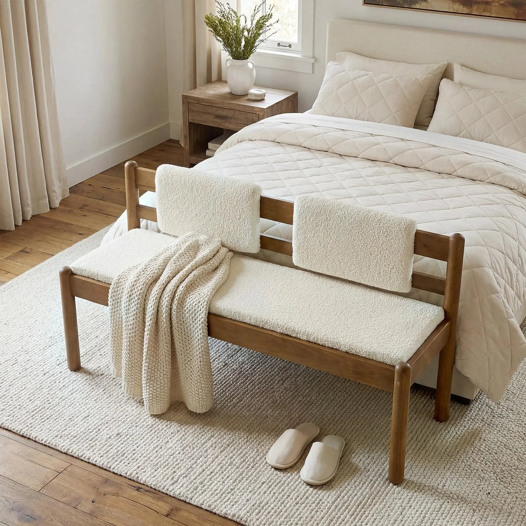 LITTLE TREE Solid Wood Entryway Bench, 49 Inch Dining Bench with Back, White + Walnut Brown