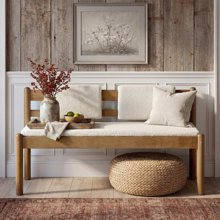 LITTLE TREE Solid Wood Entryway Bench, 49 Inch Dining Bench with Back, White + Walnut Brown