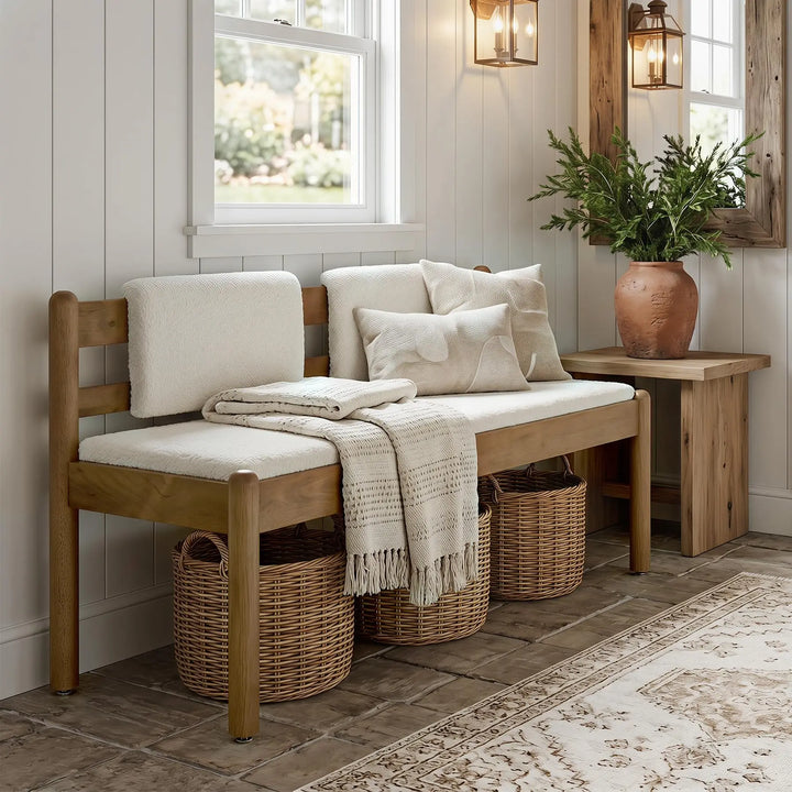 LITTLE TREE Solid Wood Entryway Bench, 49 Inch Dining Bench with Back, White + Walnut Brown