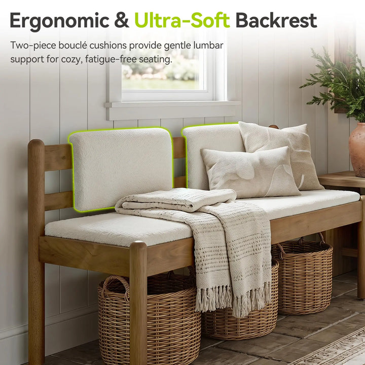 LITTLE TREE Solid Wood Entryway Bench, 49 Inch Dining Bench with Back, White + Walnut Brown