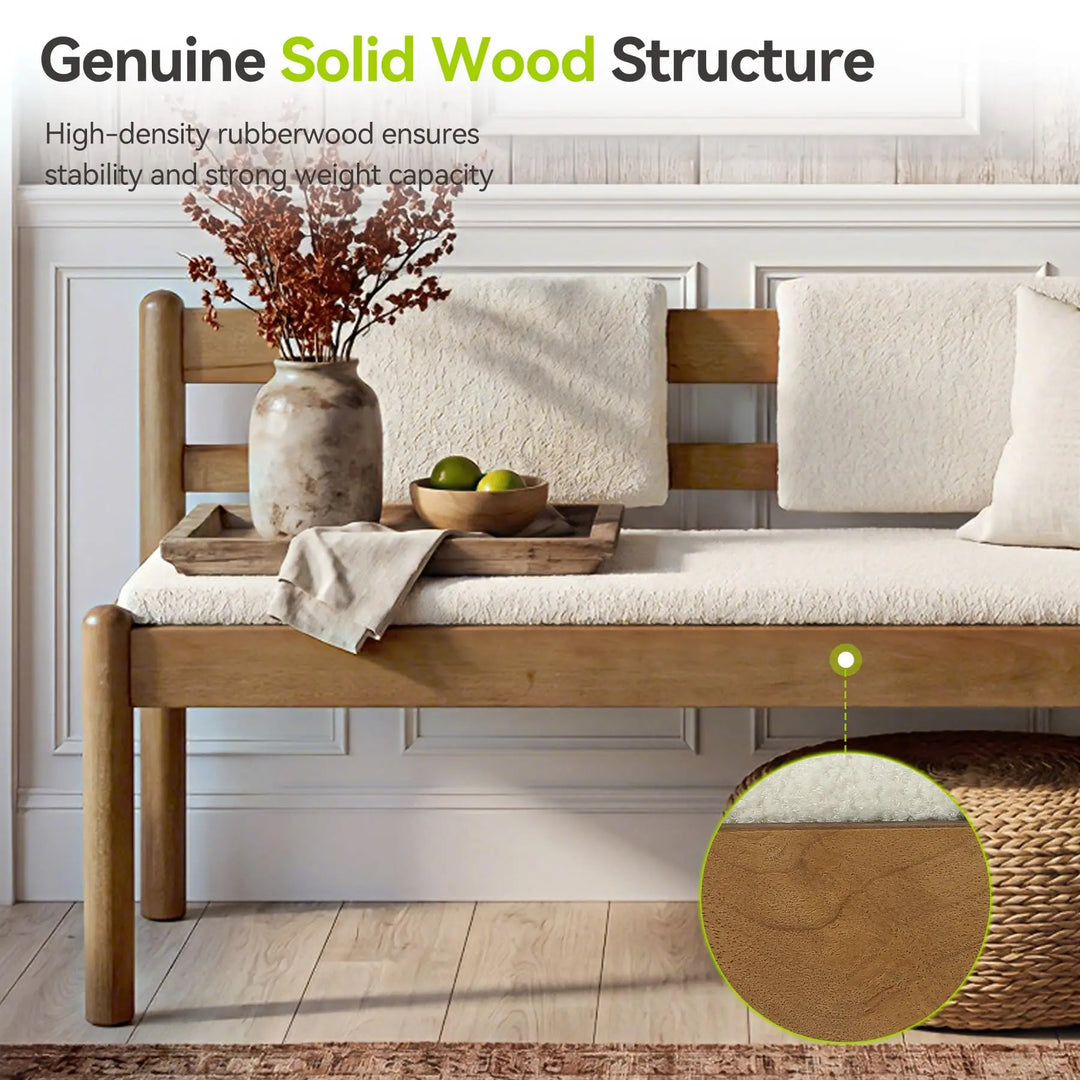 LITTLE TREE Solid Wood Entryway Bench, 49 Inch Dining Bench with Back, White + Walnut Brown