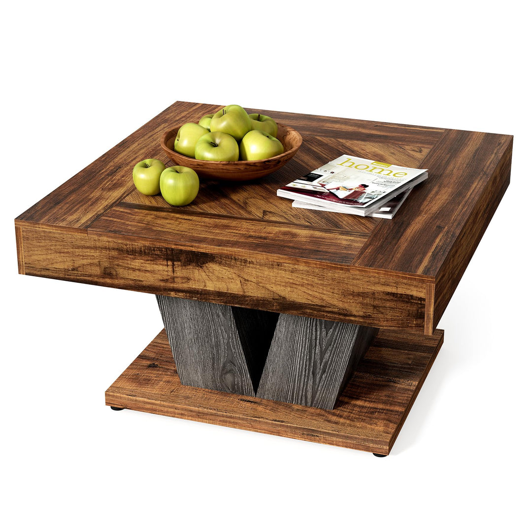 LITTLE TREE Square Coffee Table, Modern Rustic Coffee Table for Living Room, Wooden Table with Adjustable Feet, Brown 