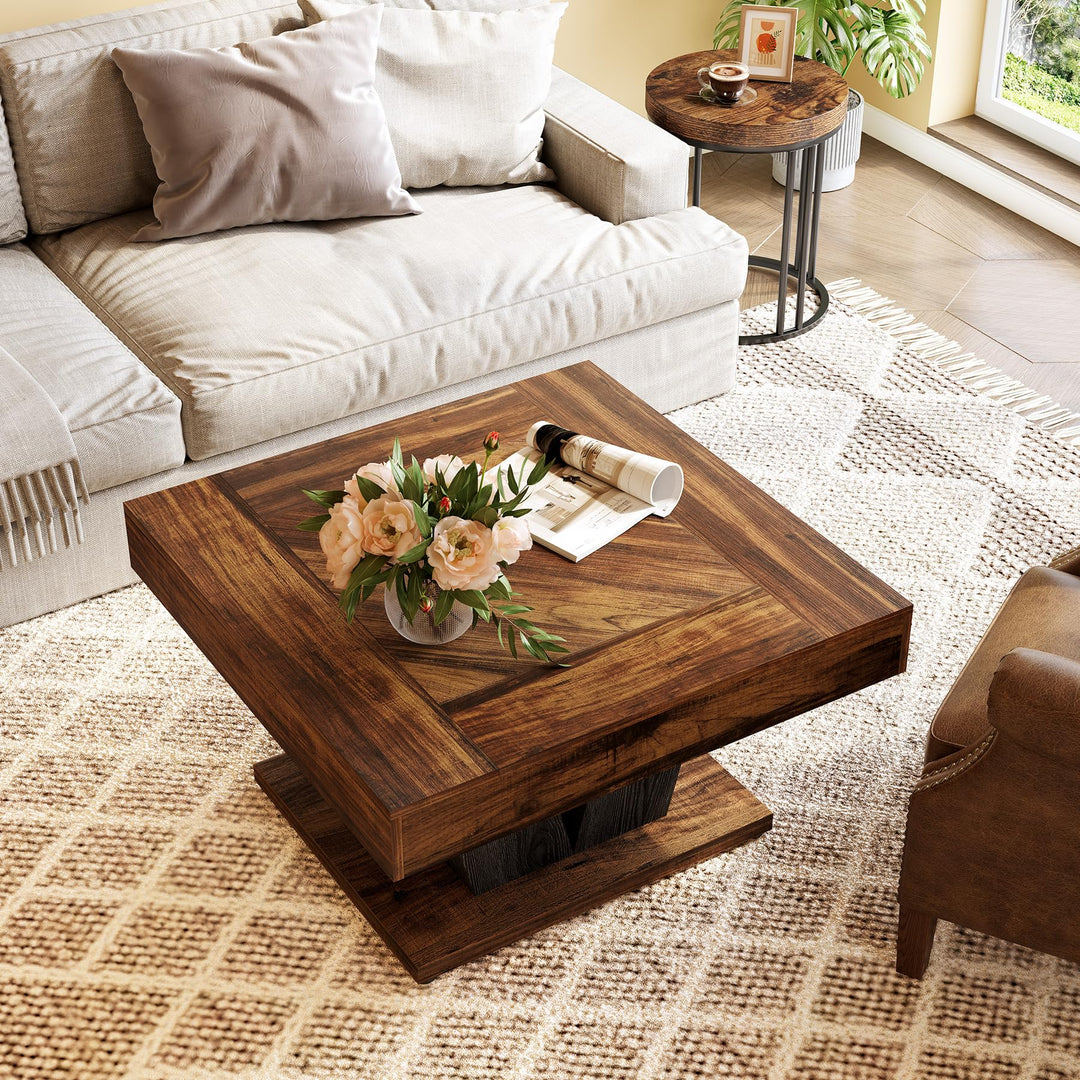 LITTLE TREE Square Coffee Table, Modern Rustic Coffee Table for Living Room, Wooden Table with Adjustable Feet, Brown 