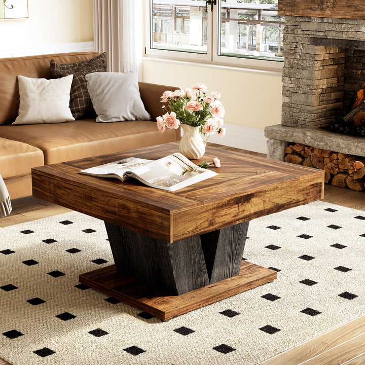 LITTLE TREE Square Coffee Table, Modern Rustic Coffee Table for Living Room, Wooden Table with Adjustable Feet, Brown 