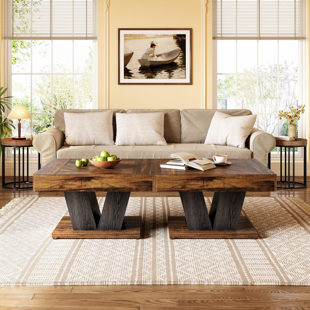 LITTLE TREE Square Coffee Table, Modern Rustic Coffee Table for Living Room, Wooden Table with Adjustable Feet, Brown 