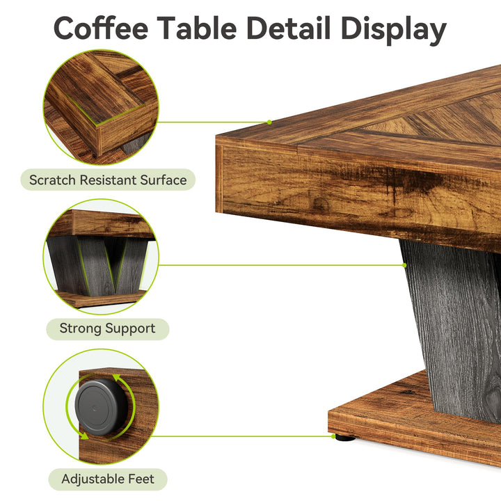 LITTLE TREE Square Coffee Table, Modern Rustic Coffee Table for Living Room, Wooden Table with Adjustable Feet, Brown 