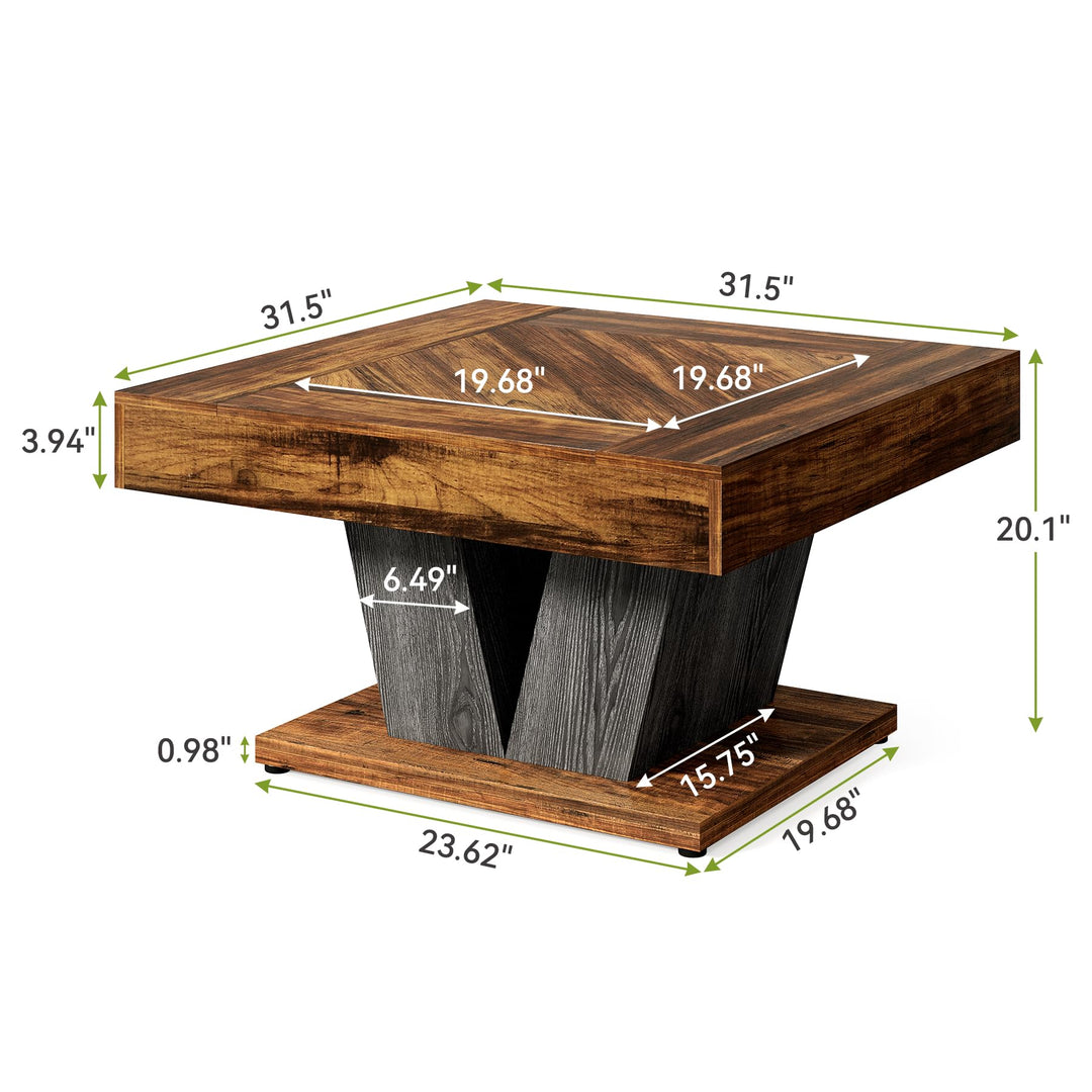 LITTLE TREE Square Coffee Table, Modern Rustic Coffee Table for Living Room, Wooden Table with Adjustable Feet, Brown 