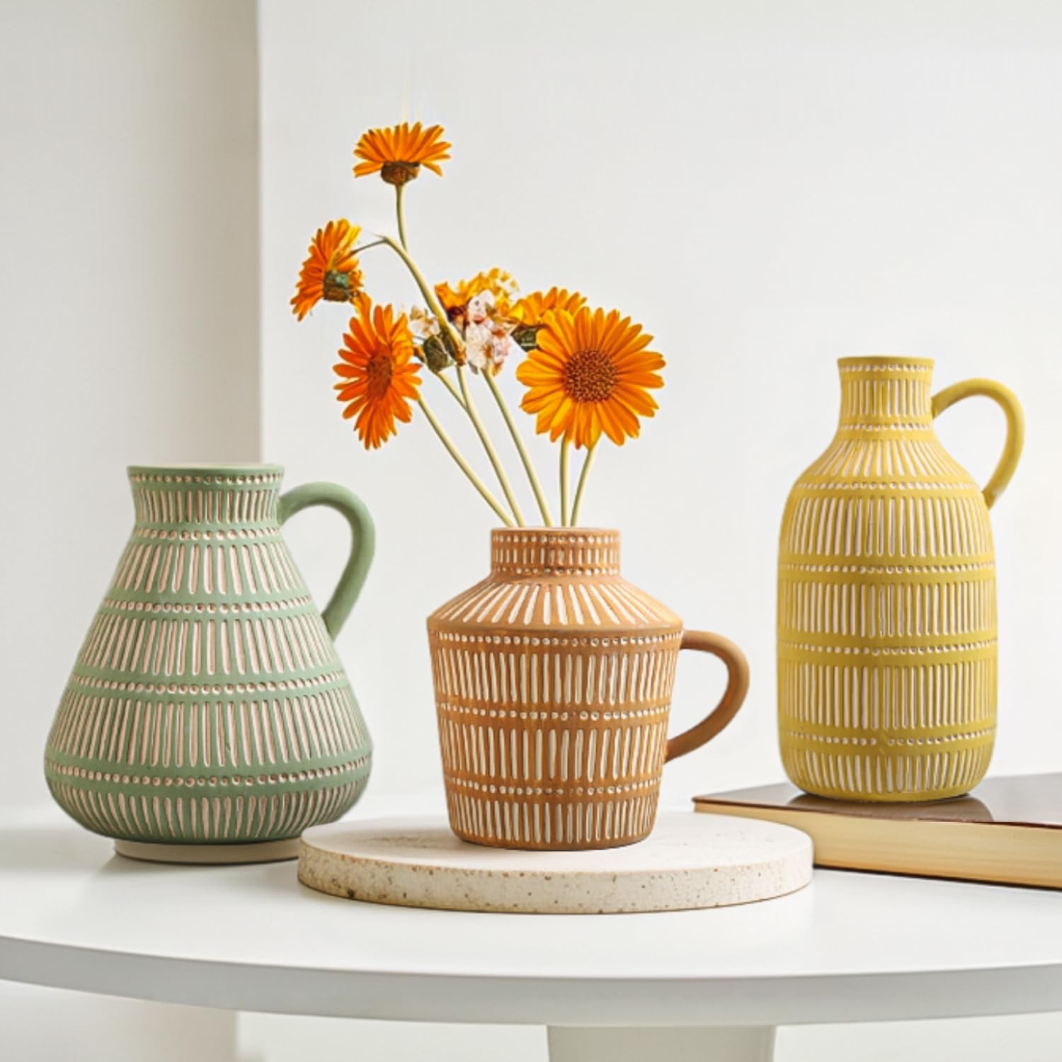 LIZOFER Boho Ceramic Vase Set of 3 for Living Room Bedroom Modern Yellow Brown Green Fake Flower Plant Vases for Home Decor Office Centerpieces Antique Retro Rustic Farmhouse Vintage Classic Gift 