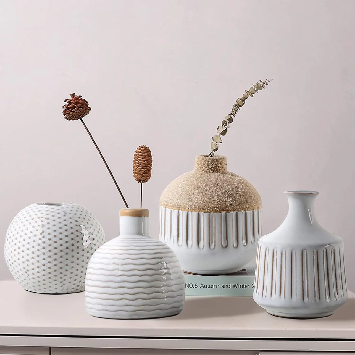 LIZOFER Boho Minimalist Small Ceramic Vase Set of 4 for Bedroom Living Room Office Fireplace Centerpiece Antique White Vintage Farmhouse Rustic Retro Flower Vases Home Decor Gift for Fake Plants 