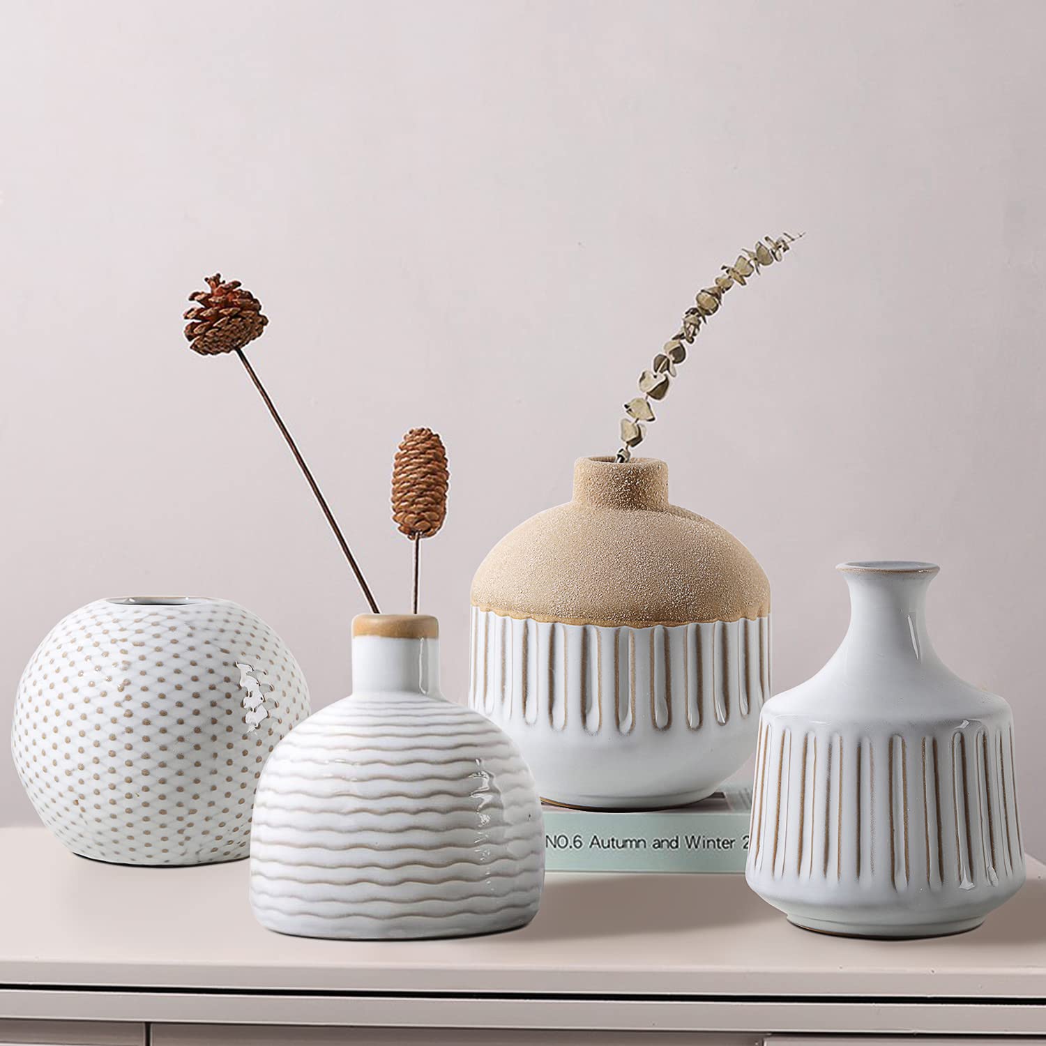 LIZOFER Boho Minimalist Small Ceramic Vase Set of 4 for Bedroom Living Room Office Fireplace Centerpiece Antique White Vintage Farmhouse Rustic Retro Flower Vases Home Decor Gift for Fake Plants 