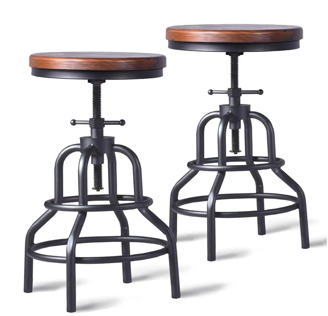 LOKKHAN Vintage Industrial Bar Stools, Set of 2, Round Wood Metal Base, Adjustable