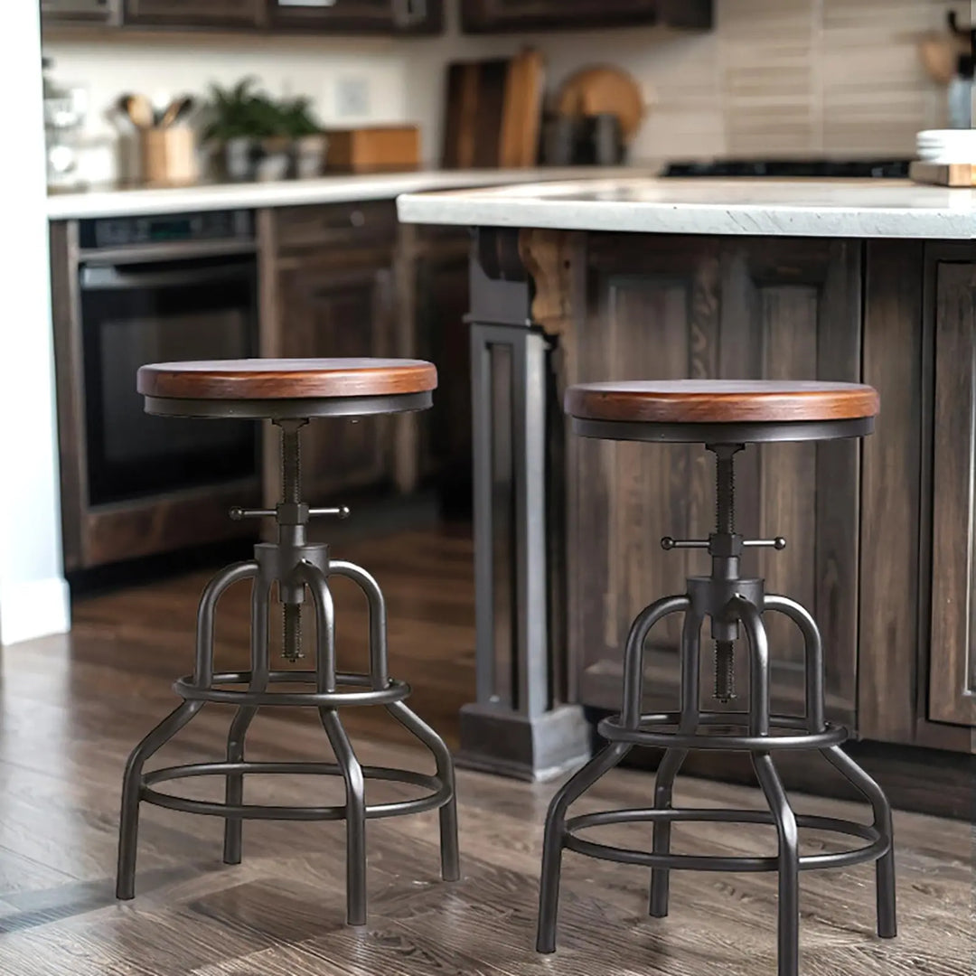 LOKKHAN Vintage Industrial Bar Stools, Set of 2, Round Wood Metal Base, Adjustable