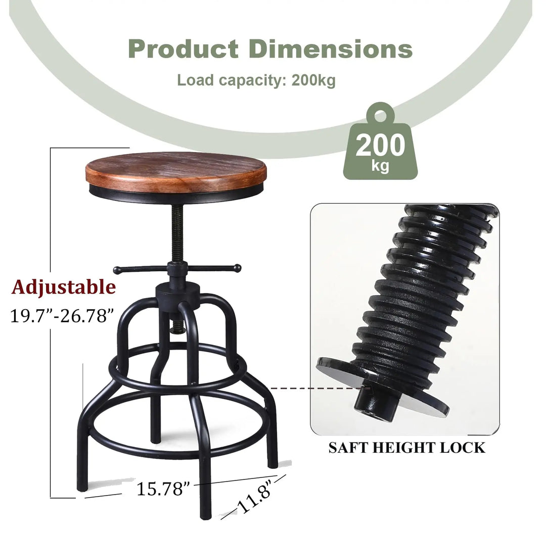 LOKKHAN Vintage Industrial Bar Stools, Set of 2, Round Wood Metal Base, Adjustable
