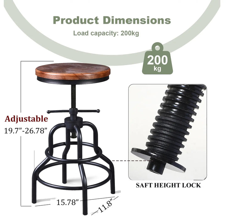 LOKKHAN Vintage Industrial Bar Stools, Set of 2, Round Wood Metal Base, Adjustable