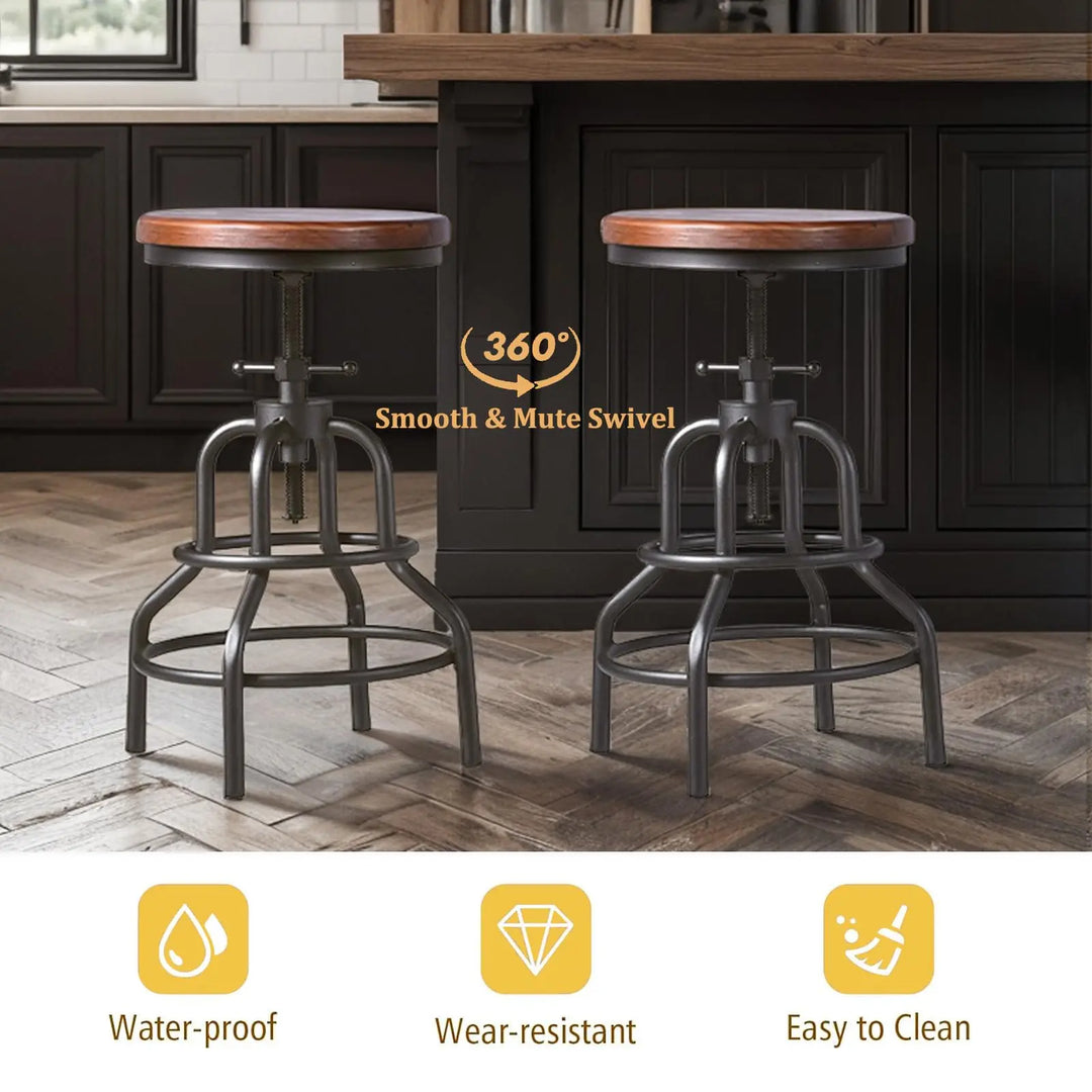 LOKKHAN Vintage Industrial Bar Stools, Set of 2, Round Wood Metal Base, Adjustable
