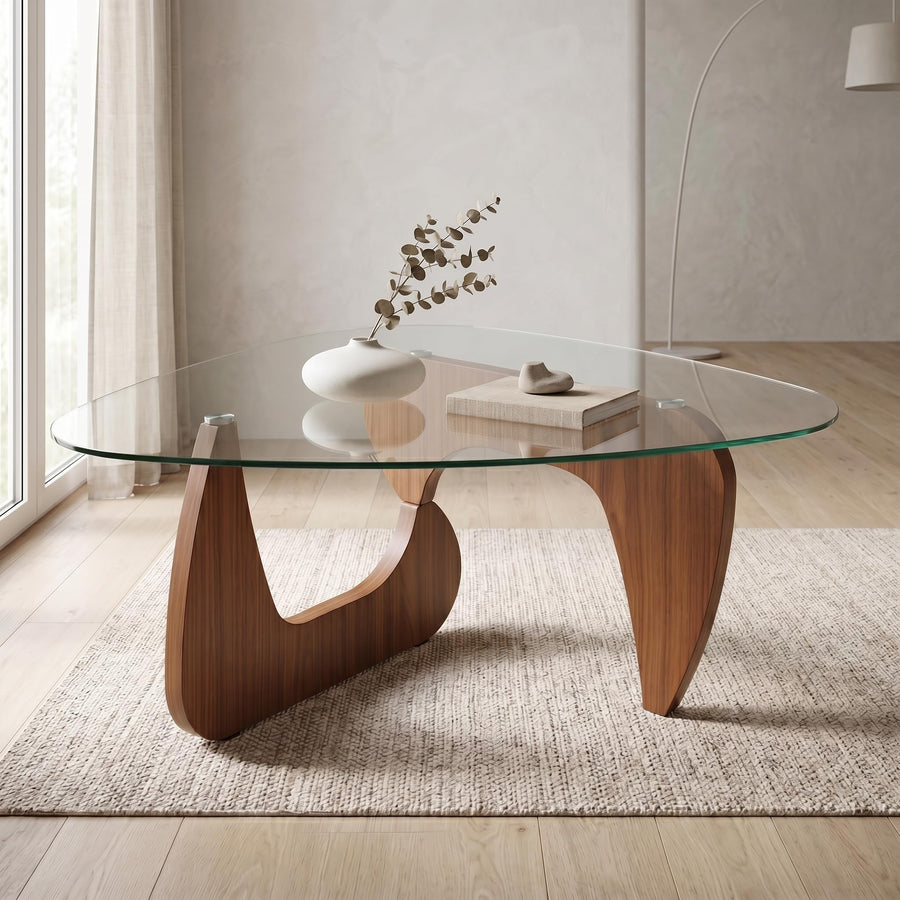 LUROVAN 35.8" Glass Coffee Table, Walnut Finish Wood Base 