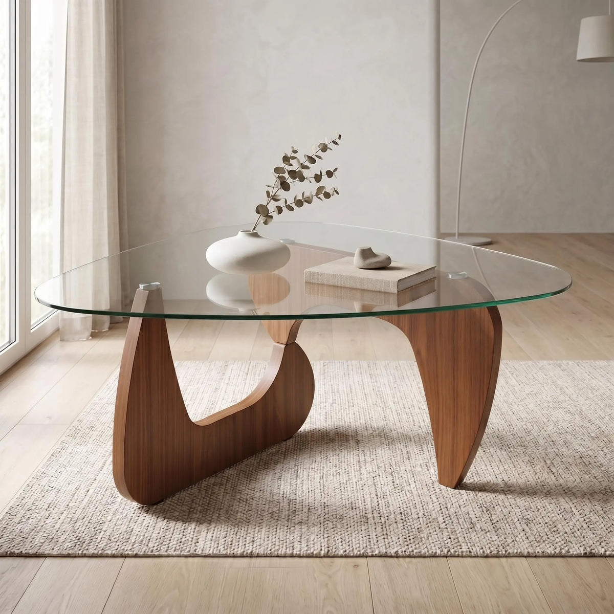 LUROVAN 35.8" Glass Coffee Table, Walnut Finish Wood Base 